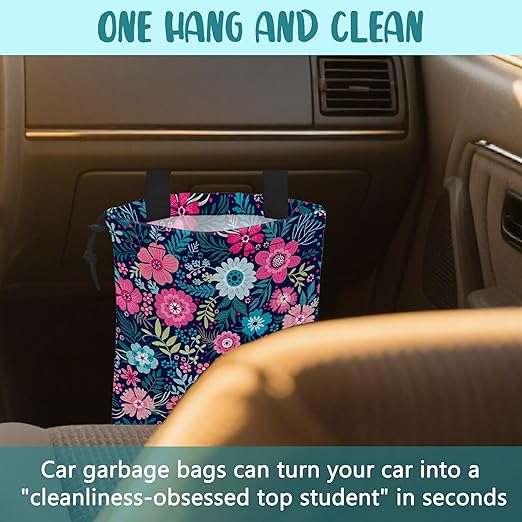 Car Garbage Bag Abstract Blue Pink Flowers Hanging Canvas Car Trash Bag Waterproof Drawstring Car Back Seat Organizer for Car Back Front Seat Console with Adjustable Buckle