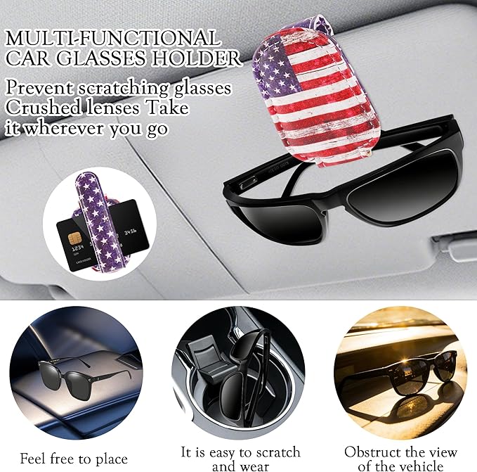 HemerVows Sunglass Holder for Car, Vintage American Flag Print Magnetic Leather Visor Sunglasses Holder Clip, Universal Sun Visor Accessory Eyeglass Clip for SUV Pickup Truck