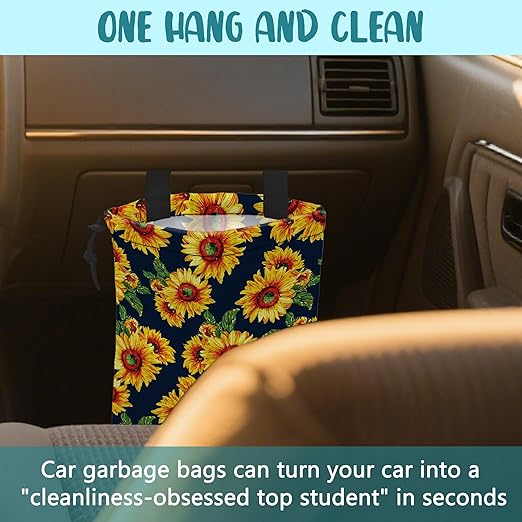 Car Trash Bag Abstract Yellow Sunflowers Hanging Drawstring Car Organizer and Storage Bag with Adjustable Buckle Canvas Garbage Bin for Back Seat or Hanging Headrest Car Decor Road Trip Essentials