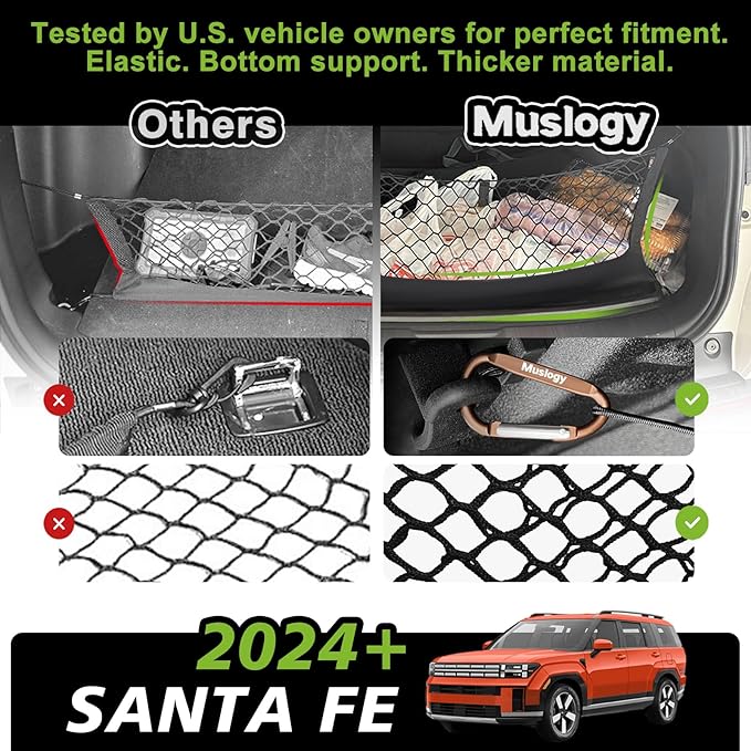 Muslogy Envelope Style Trunk Cargo Net Compatible with 2024 2025 2026 Hyundai Santa Fe Accessories Custom Fit Trunk Organizer Upgraded Storage Luggage Net with Metal Hooks