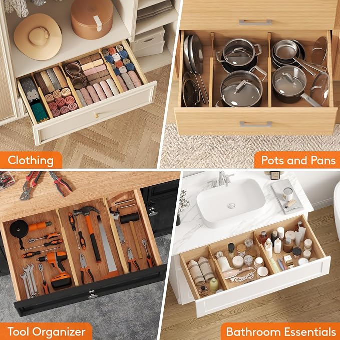 Lifewit 6" High 8 Pack Bamboo Drawer Dividers 33-42cm/13-16.5" Adjustable Wooden Drawer Organizer for Clothes/Utensils, Expandable Drawer Separator for Dresser/Kitchen/Bedroom/Office Organization