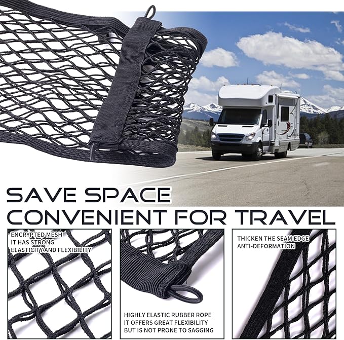 JINGKE 2 Pcs Small Cargo Net Pocket Elastic Mesh Netting Car Mesh Pouch with Screws and Hooks for Trunk RV Boats Home Cargo Storage (25.6'' x 9.8'')
