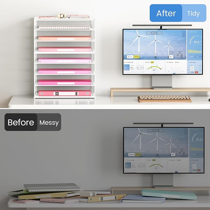 Lavatino 2 Pack 8-Tier Office Desk File Organizer, Letter Tray Paper Organizer with Handle, Including 5 Adjustable Slide Trays for Organizing Desk Workspace Accessories and Supplies (White Metal Mesh)