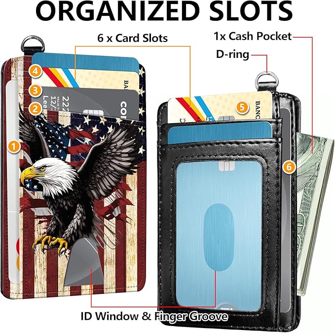 Slim RFID Blocking Card Holder Wallet with Wrist Strap - Minimalist Front Pocket Wallet, Flag Eagle Design, PU Leathe, for Men & Women, Ideal for Travel & Gifts