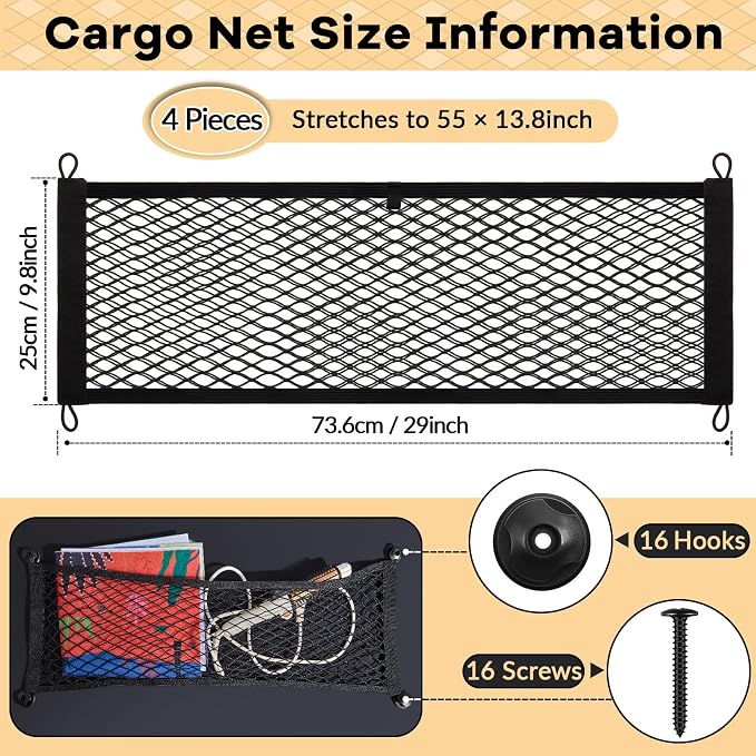 Frienda 4 Pcs Stretchable Small Cargo Net Pocket Boat Storage Mesh Net Elastic Automotive Storage Pouch with Mounting Screws and Hooks for Truck Car SUV Boats (29 x 9.8 Inches)