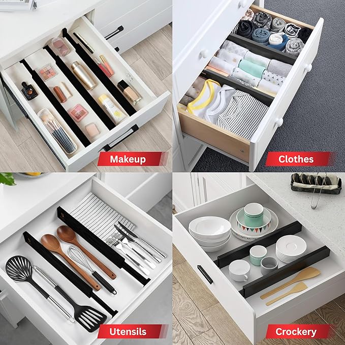 6 Pack Drawer Divider - 2.6" High, 11" to 18" Adjustable Bamboo Drawer Organizers for Clothes, Expandable Dresser Separators in Bedroom/Bathroom/Kitchen/Office Organization and Storage (Black)