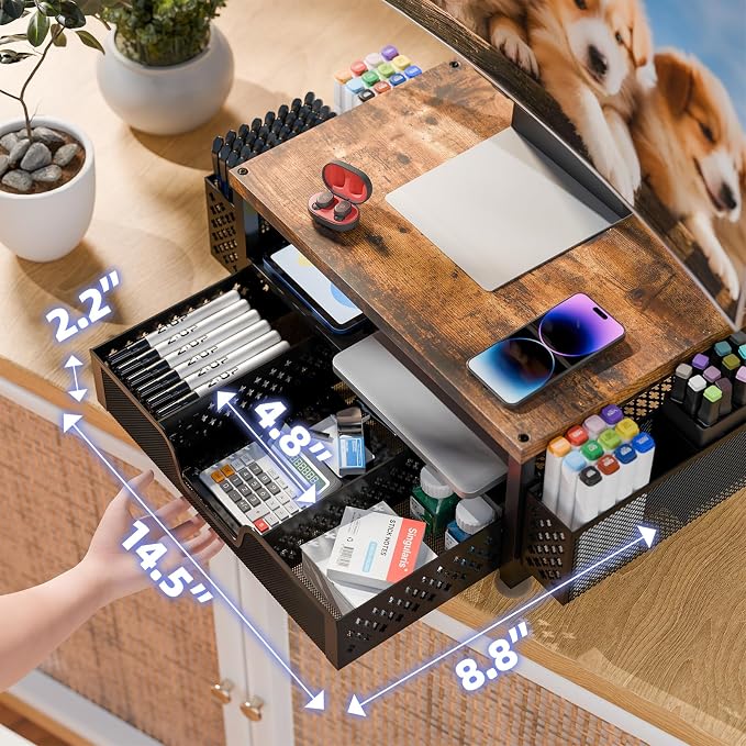 Simple Trending Desk Organizers and Accessories, Computer Monitor Stand Riser with Drawer and 2 Pen Holders, 2-Tier Computer Rack for Home Office, Wood