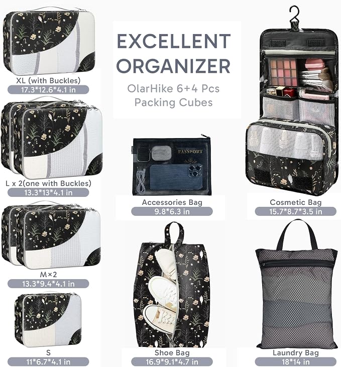 OlarHike 10 Set Packing Cubes for Travel, Gifts for Women Mom,Anti-Tearing Suitcase Organizer with Over 1000 pcs Mesh Holes,Vacation Essentials & Accessories for Cruise Ship