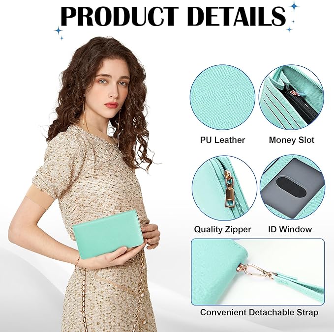 Chelmon Women's Vegan Leather Clutch Wallet with Zip, Hand Strap, Large Capacity