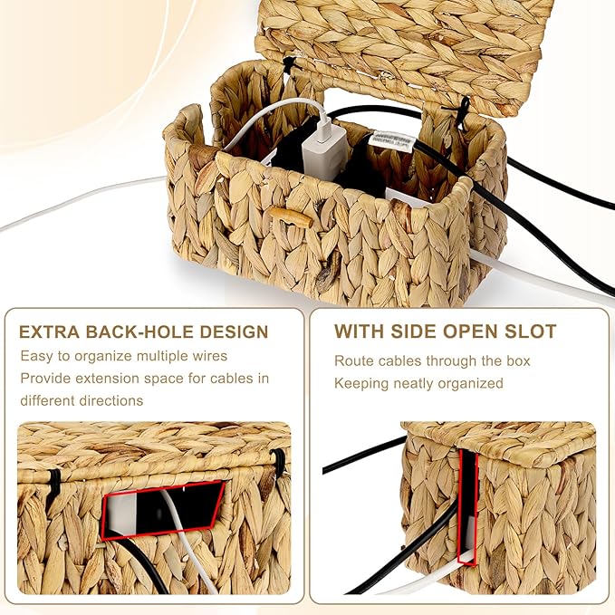 BTSKY Woven Cable Management Box with Lid, Water Hyacinth Cord Organizer for Desk, Cable Organizer Box with 2-Open Slots to Hide Power Strips USB Hubs for Home & Office, Pet Proofing Cord Basket, L+S