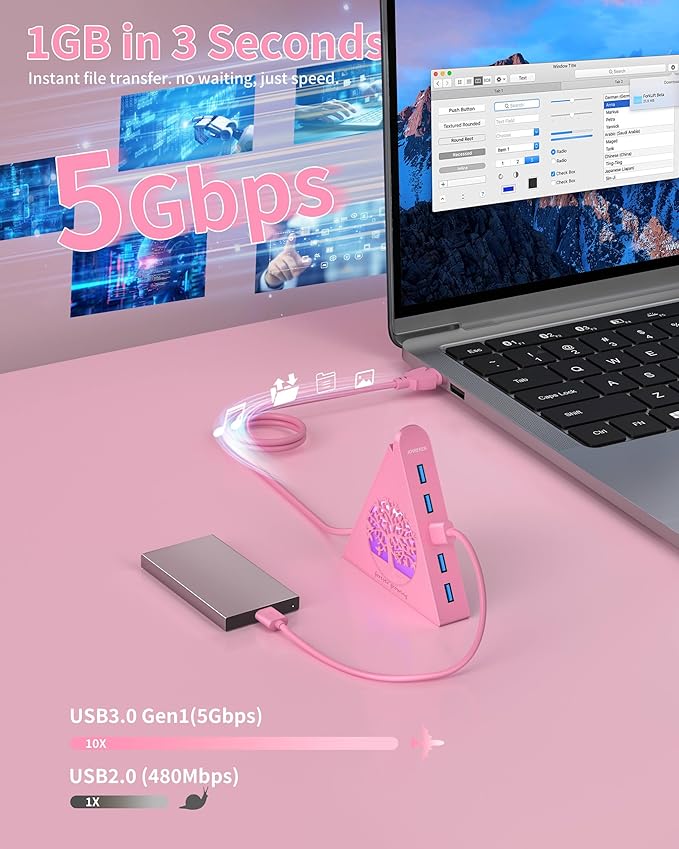 7-Port USB 3.0 Hub, RGB USB Hub with RGB Tree Light and 2ft Cable, USB Hub 3.0 Pink USB Expander for Laptop, PC, Flash Drive, HDD, Console, Printer, Keyboard, Mouse (Pink)