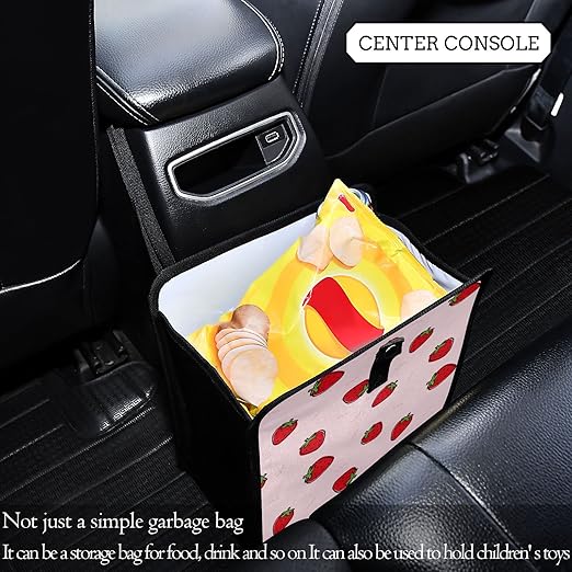 Cute Strawberry Pink Car Trash Can Foldable Hanging Car Trash Bag Bin Auto Garbage Can Leak-Proof Car Organizer(Large)