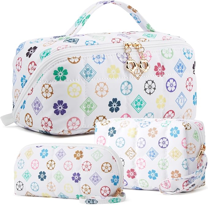 YTL Travel Makeup Bag, Puffer Cosmetic Bag for Women, Waterproof Puffy Padded Make Up Bags, Flat Open Portable Organizer Case Toiletry Bag Pouch Purse for Skincare, Brushes & Travel Essentials