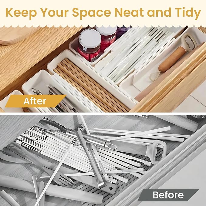 Drawer Organizers Set | 4-Pack Expandable Drawer Dividers for Bedroom, Bathroom, Kitchen & Office | Plastic Drawer Trays with Adjustable Length (White)
