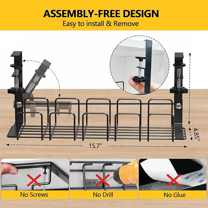 Under Desk Cable Management Tray,15.7” No Drill Cord Organizer with Clamps for Wire Management,4MM Under Desk Cable Management Tray for Home Office(Black)
