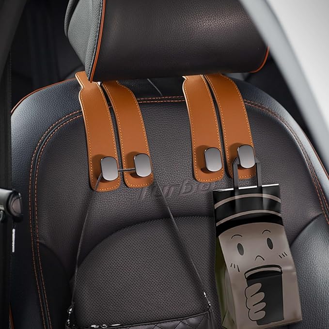 Jayanes Genuine Leather Car Purse Hook - Flexible Car Seat Back Storage Hook for Purses and Bags, Universal Headrest Hooks for Car, Upgraded Car Purse Holder Hanger for Head Rest (Brown-1 Pack)