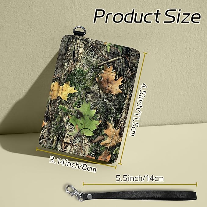 Small Travel Wallets, Camo Tree Leaf Slim Minimalist Front Pocket Wallet with Wristlet, RFID Blocking PU Leather Credit Card Holder with ID Window Change Purse for Men Women
