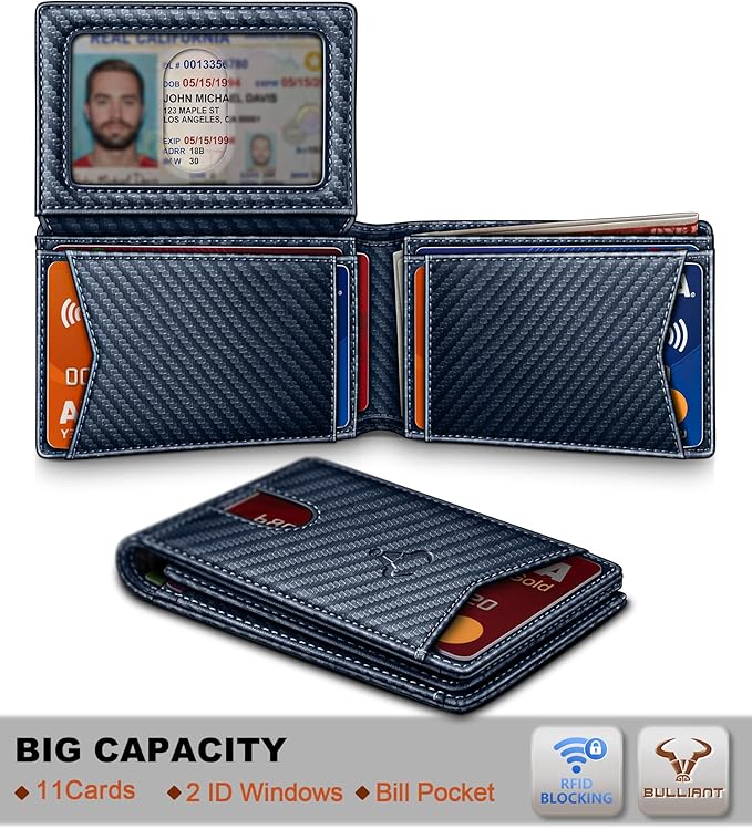 BULLIANT Men Wallet, Slim Leather Wallet Front Pocket Card Holder Gift For Men 11 Slots RFID Blocking
