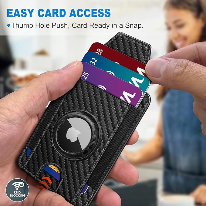 miyozi Ultra Slim AirTag Card Holder for Men - RFID Blocking Minimalist Wallet with Magnetic Flap, 0.25" Thin No Bulge Pocket Wallet, Holds 6-8 Cards with ID Window, Gift Boxed