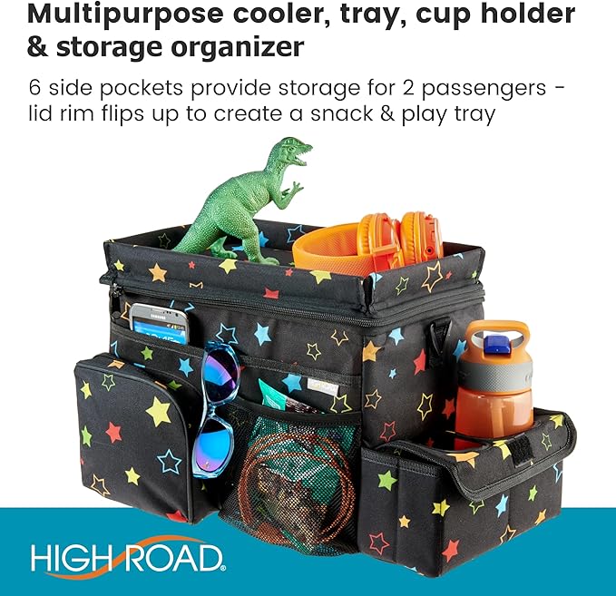 High Road CarHop Car Caddy Organizer with Road Trip Cooler, Car Cup Holder Bin, Sturdy Snack and Play Lid and 6 Organization and Storage Pockets, Starry Night