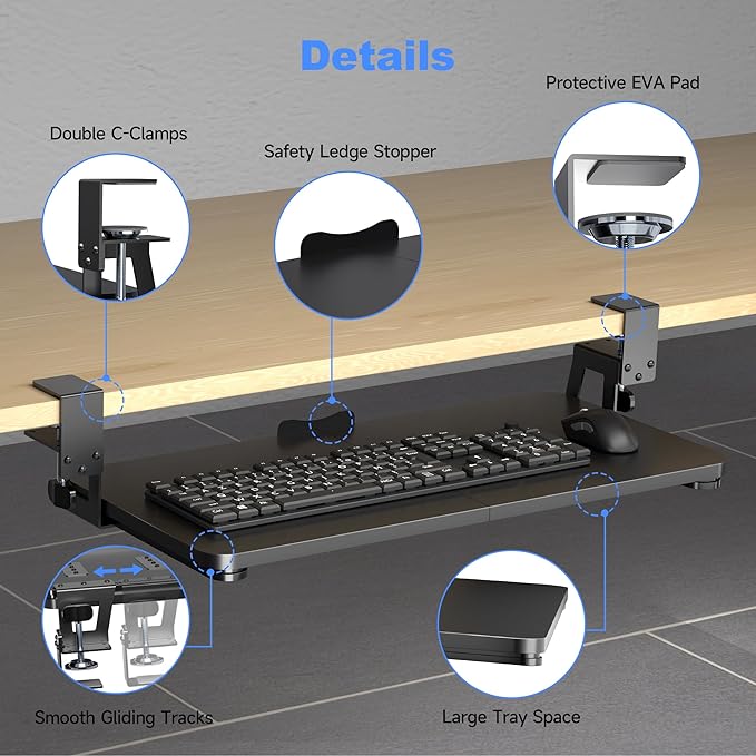 XINLEI Keyboard Tray Under Desk Large C-Clamp 25.6” (30” Including Clamps) x 11.8” Slide-Out Platform Computer Drawer Pull Out Keyboard & Mouse Tray Black DSF4