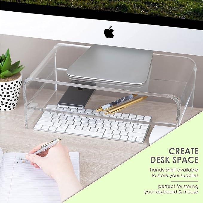 Homeries Computer Monitor Stand 2-Tier Acrylic, Universal Computer Riser for Home, Office, Business, Desk, Gamers | Multi Media Platform Lift for Laptop, Printer, TV Screen, PC |Extra Storage Space