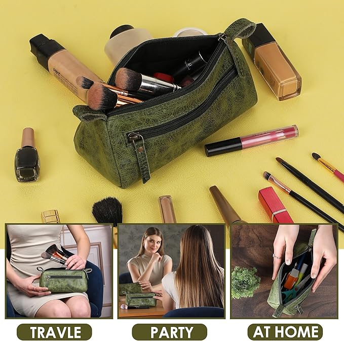 Leather Makeup Bag for Women – Genuine Leather Cosmetic Bag Travel, Handmade Zippered Makeup Pouch, Small Toiletry Bag, Shaving Kit & Stationery Organizer- Forest Green