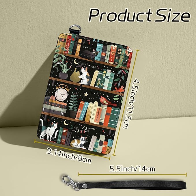 Small Travel Wallets, Cats Library Slim Minimalist Front Pocket Wallet with Wristlet, RFID Blocking PU Leather Credit Card Holder with ID Window Change Purse for Men Women