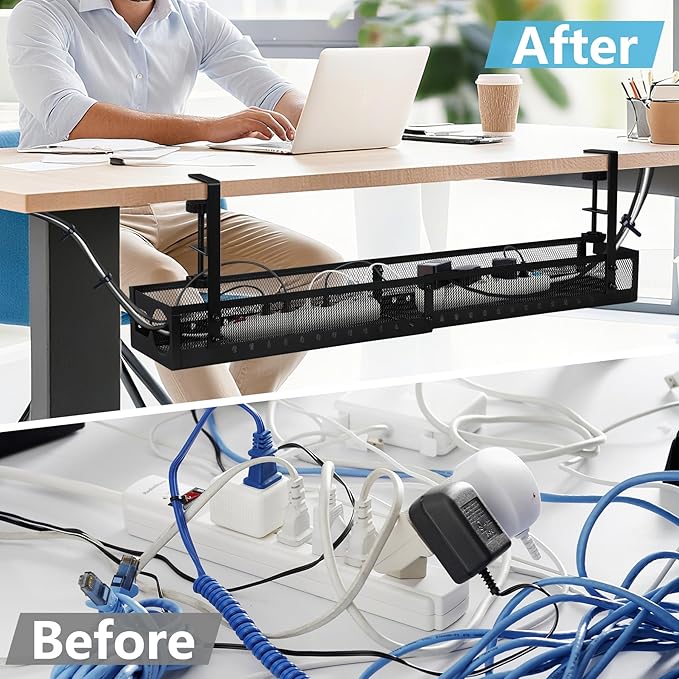 Under Desk Cable Management Tray No Drill - 25'' Large Metal Mesh Cord Organizer with Clamp Mount 2 Hole Cable Organizer Tray with Wire Management for Home Office Standing Desk
