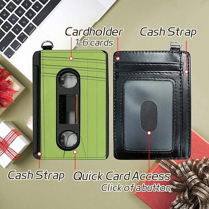 Small Travel Wallets, Green Tape Cassette Slim Minimalist Front Pocket Wallet with Wristlet, RFID Blocking PU Leather Credit Card Holder with ID Window Change Purse for Men Women