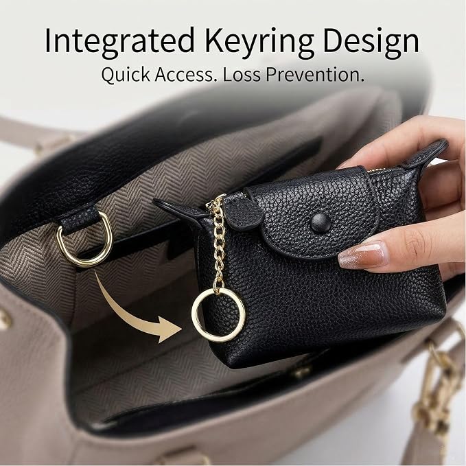 Genuine Leather Coin Purse for Women, Small Leather Mini Wallet with Keychain, Compact Change Purse for Cash, Cards, Coins and Keys, 5.12 Inch, Black