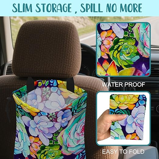 Car Trash Bag Abstract Succulent Plant Leak-Proof Waterproof Car Garbage Bag with Drawstring Foldable Canvas Trash Bin with Adjustable Buckle for Car Accessories, Travelling, Camping