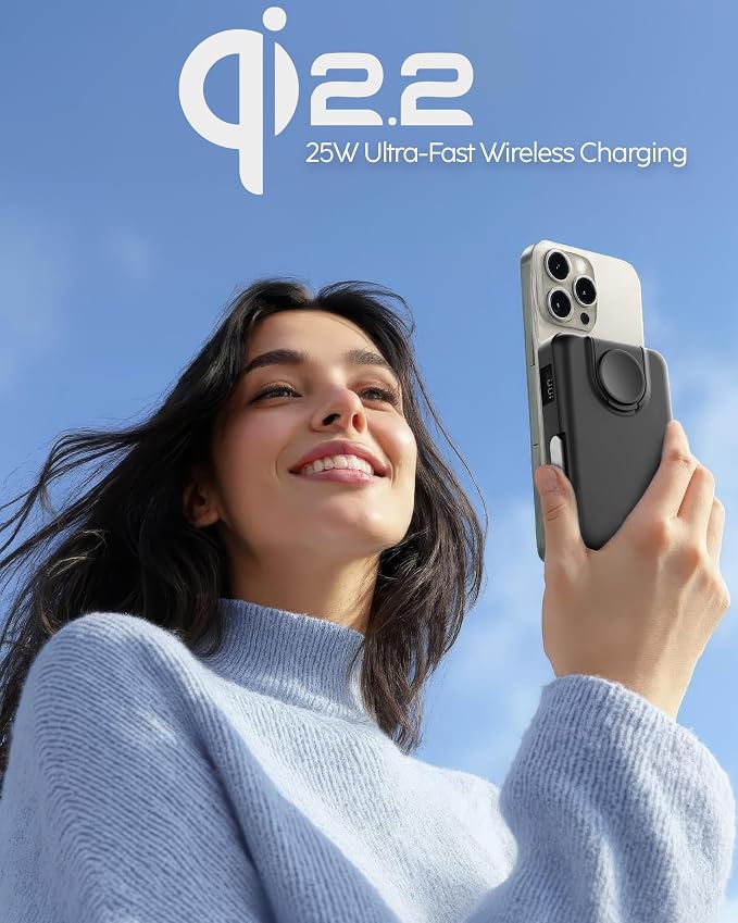 myCharge CliqLuxe Magnetic Wireless Power Bank 10,000mAh | iPhone & MagSafe Compatible | Qi2.2 25W Mag Safe Portable Charger | Built-in Stand | 2.5W Apple Watch Charger | Premium Black Fabric