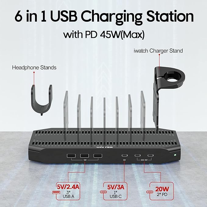 Unitek USB-C Charging Station for Multiple Devices - Multi Type C Charger Dock with 2 X PD 20W & USB-C Port, Device Organizer Fast Charge Docking for iPhone, iPad, Samsung, Tablets and More
