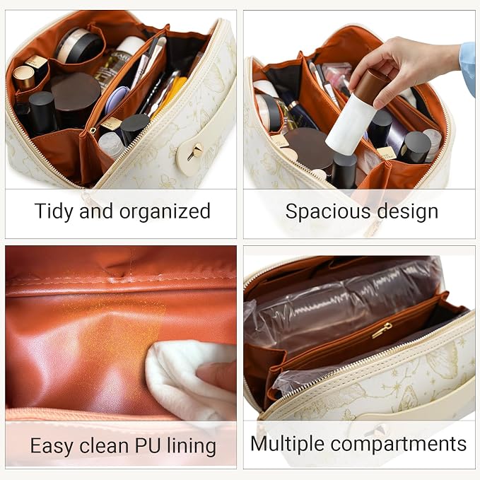 Travel Makeup Bag with Compartments & Organizers – Flat Open Cosmetic Pouch for Women, Purse-Style Design for Traveling, Perfect for Toiletries & Cosmetics for Women(Beige)