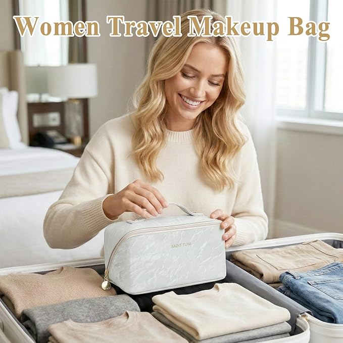Cosmetic Bag,Travel Makeup Bag, Large Capacity Cosmetic Bags for Women, Waterproof Portable Open Flat Toiletry Bags,Makeup Organizer Bag with Divider and Handle, Cosmetic Pouch Gifts for Women (Grey)