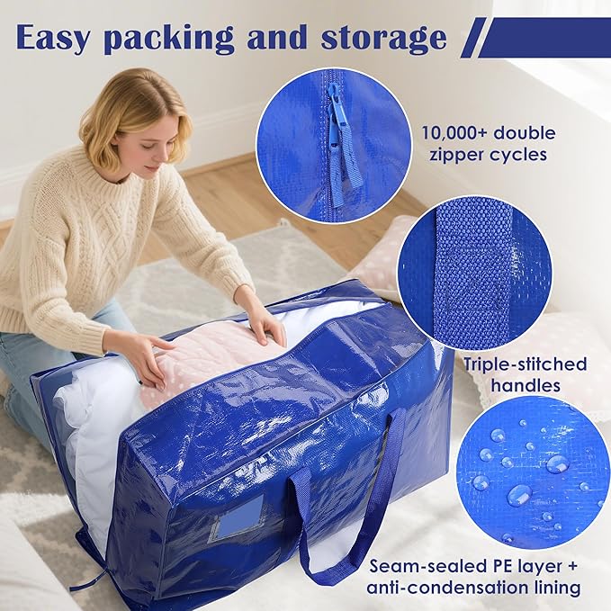 6 Pack Moving Bags with Full-Open Side Zipper, Extra Large 93L Heavy Duty Waterproof Foldable Storage Totes for College Dorm, Moving & Home Organization,Blue