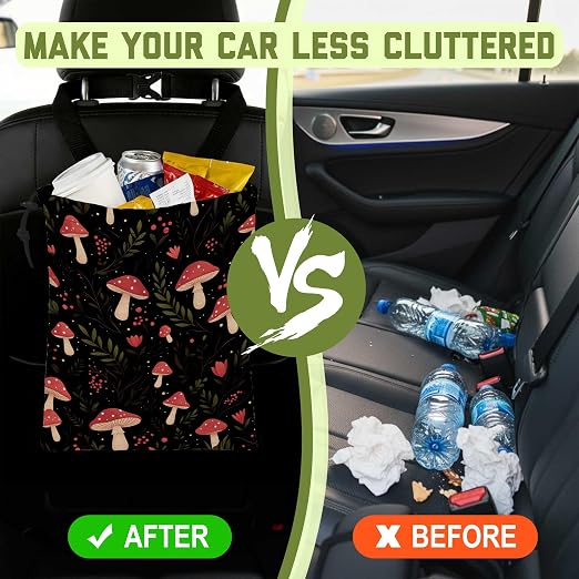 Car Gabage Bag Red Mushroom and Leaves Waterproof Car Trash Bag Hanging Leakproof Car Garbage Bag Washable Reusable Trash Bag For Car Interior Hanging Organizer Storage Vehicle Travelling Camping