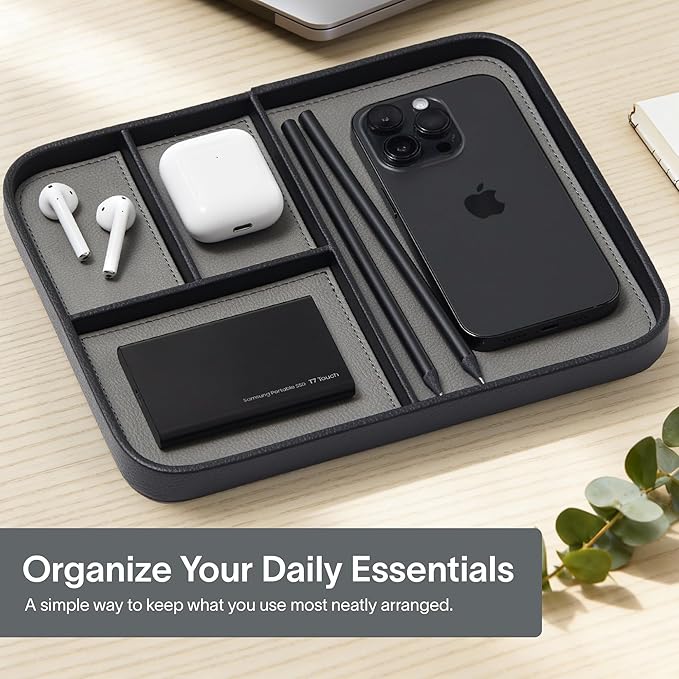 Nordik Leather Valet Tray - Pebble Black - 9.5 x 7.9 Inch Medium Vegan Leather Tray - Stylish Nightstand Organizer for Men - Modern Bedside Caddy - EDC Catchall for Key Watch Wallet Jewellery