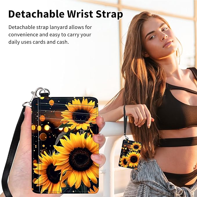 Slim Minimalist Front Pocket Wallet,Credit Card Holder Wallet for Women Men,RFID Blocking Credit Card Holder Case Leather Cute Small Thin Wallet ID Window&Wrist Strap,Glitter Sunflower