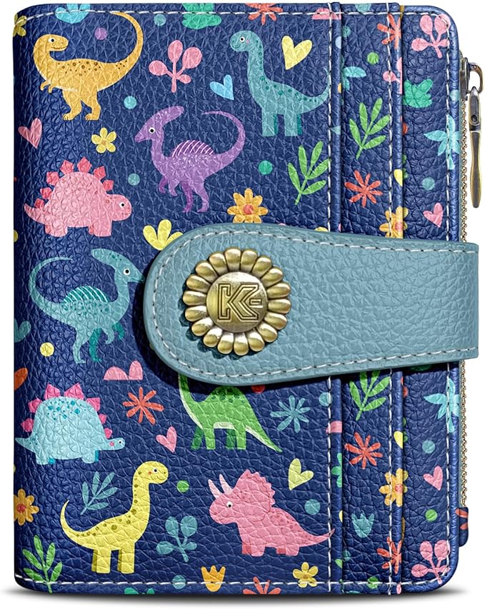 Kelvoris Cute Dinosaurs Small Rfid Women Wallet Bifold Zipper Coin Pocket PU Leather Compact Cash Credit Card Holder Travel Wallet for Female Ladies Teen Girls 1 ID Window 10 Card Slots
