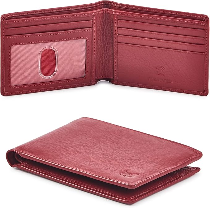 Real Leather Mens Bifold Wallet RFID Blocking Slim Minimalist Front Pocket - Thin & Stylish with ID Window in Gift Box (Nappa, Red)