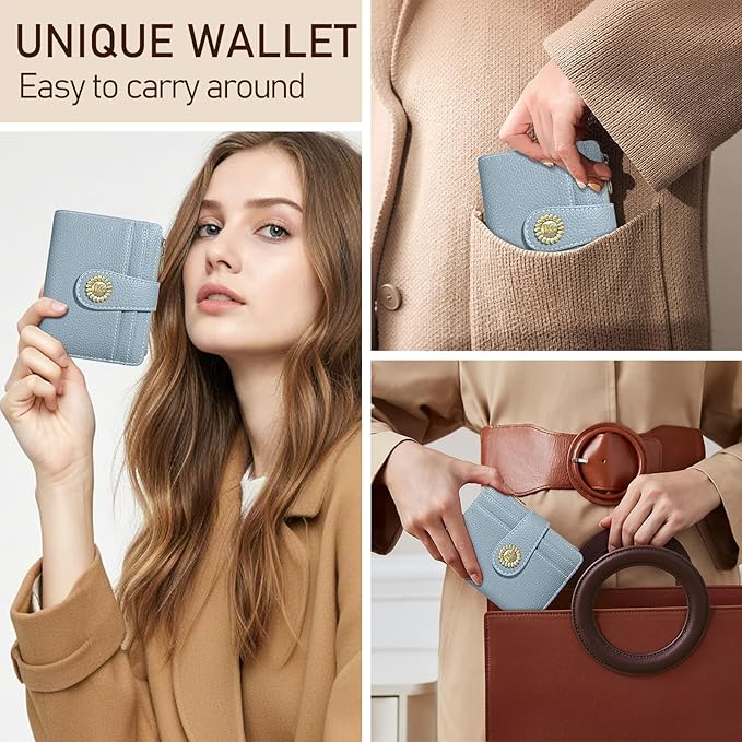 Kelvoris Small Rfid Women Wallet Bifold Zipper Coin Pocket PU Leather Compact Cash Credit Card Holder Travel Wallet for Female Ladies Teen Girls 1 ID Window 10 Card Slots Blue