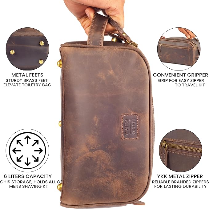 LEATHER VILLAGE Genuine Leather Toiletry Travel Bag With Waterproof Lining - Brown | King-Size Handcrafted Vintage Dopp Kit Bag, Shaving & Bathroom Organizer, Gift for Men & Women