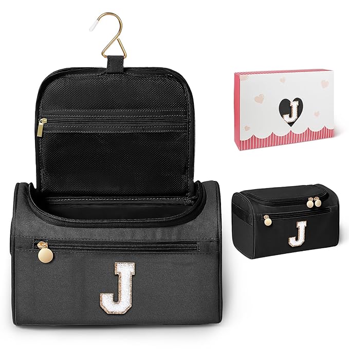 COSHAYSOO Cool Valentines First Communion Confirmation Gifts Dance Recital Trip Favor Gifts for Women Teen Girls Travel, Monogrammed Initial Hanging Toiletry Bag Toiletries Black Letter J