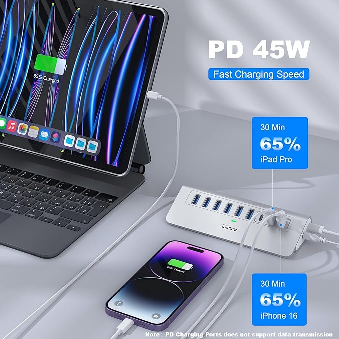 Powered USB Hub 10Gbps, intpw 9-Port USB 3.2 Hub, USB C with USB A/USB 3.2 Hub, 4 USB 3.0, 2 PD 45W Charging Port, 65W Power Adapter and 3.3FT Cable, Aluminum USB Hub for PC/Laptop, iPhone 17/16/15
