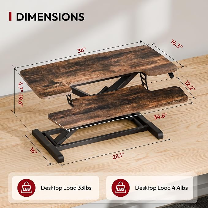 SANODESK 36" Standing Desk Converter, Height Adjustable Sit-Stand Computer Riser, Dual Monitor Workstation with Keyboard Tray, Ergonomic Tabletop, Rustic Brown