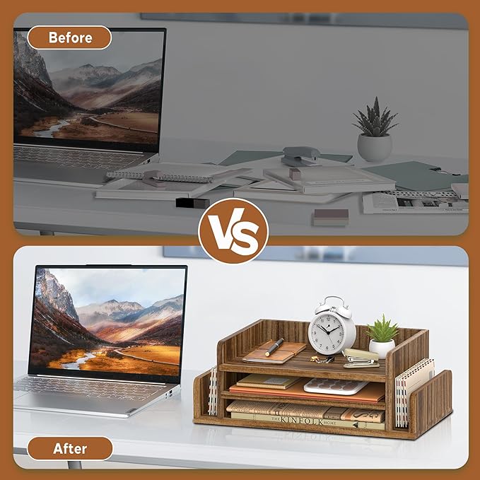 SUPEASY Wooden Desk Organizer, 3-Tier Letter Tray File Organizer with Dual Side Mail Sorter, Solid Wood Desktop Paper Organizer for Office, Home Office, Classroom（Dark Brown）