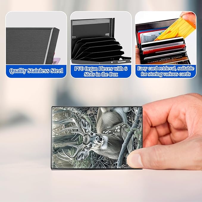 RFID Blocking Credit Card Holder - Slim Metal Wallet for Women & Men,Deer Hunter Tree Design Stainless Steel Business Card Case,Compact Pocket Organizer for Travel & Daily Use