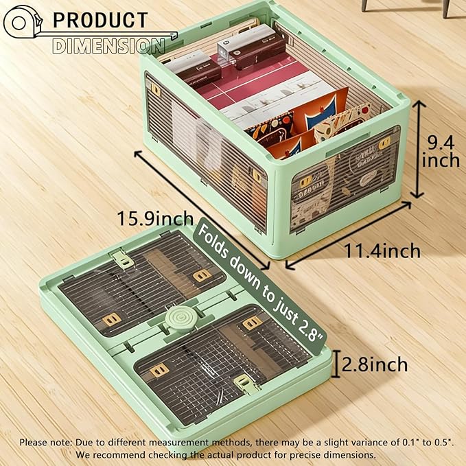 【5-Side Opening & 4 Rolling Casters】Storage Bins with Lids，Portable Foldable Storage Box ，Plastic Stackable Storage Bin for Snacks, Camping，Tools, Closet Organizer (Green)